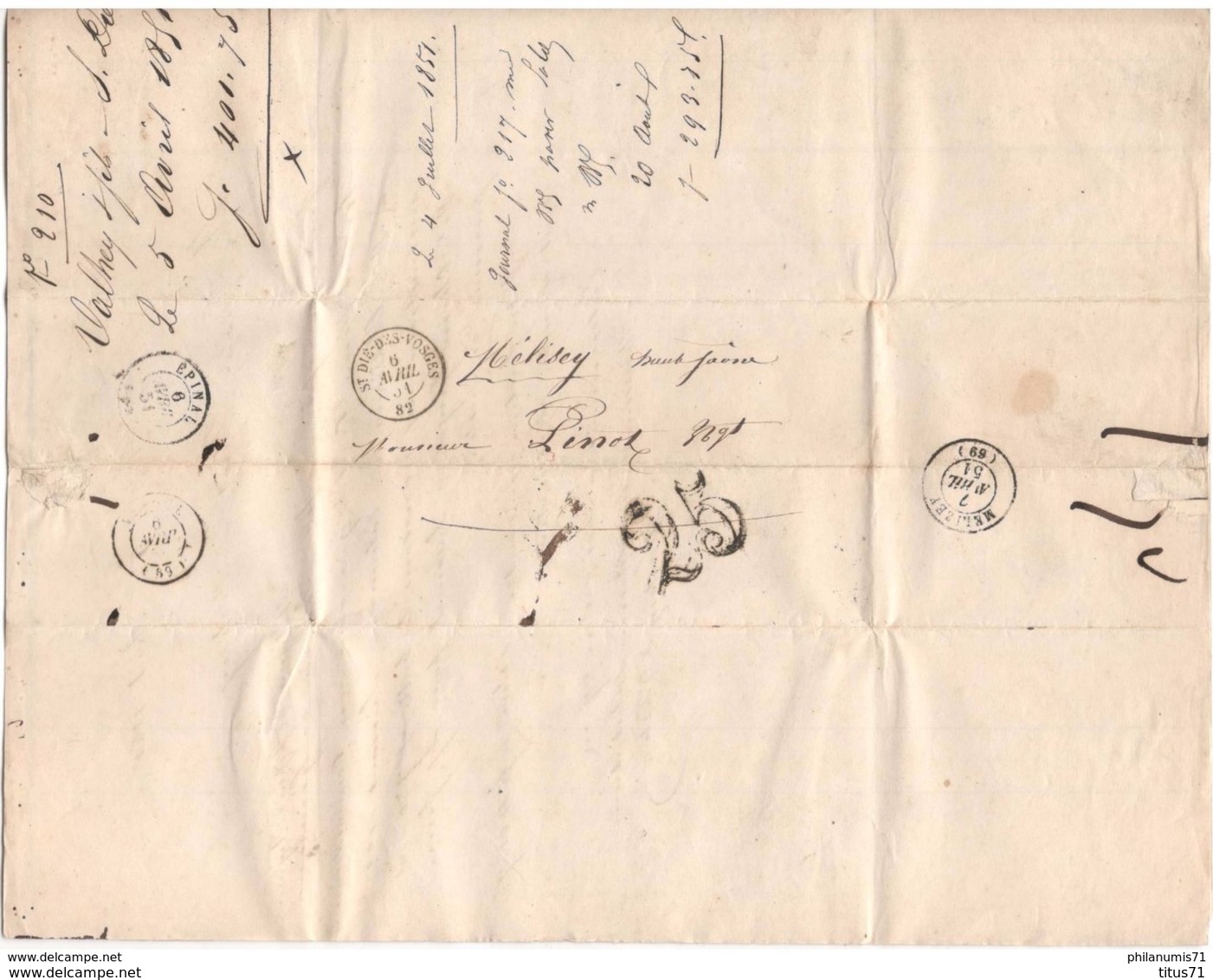 Marcophilie - Lettre De St Dié Des Vosges à Mélisey - 1851 - 1849-1876: Période Classique