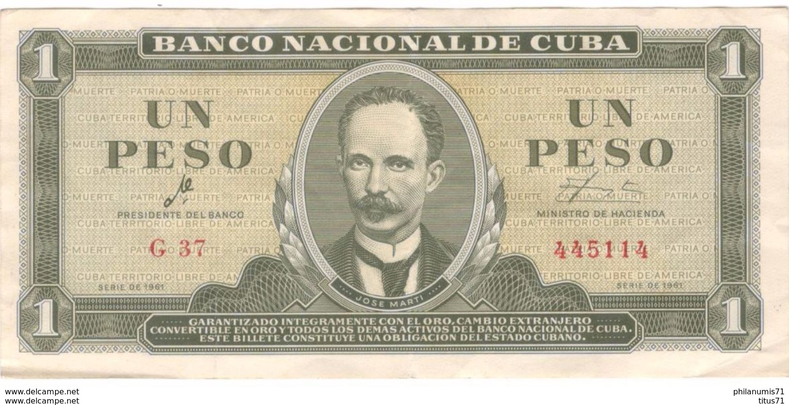 Billet 1 Peso Cuba 1961 Très Bon état - Cuba