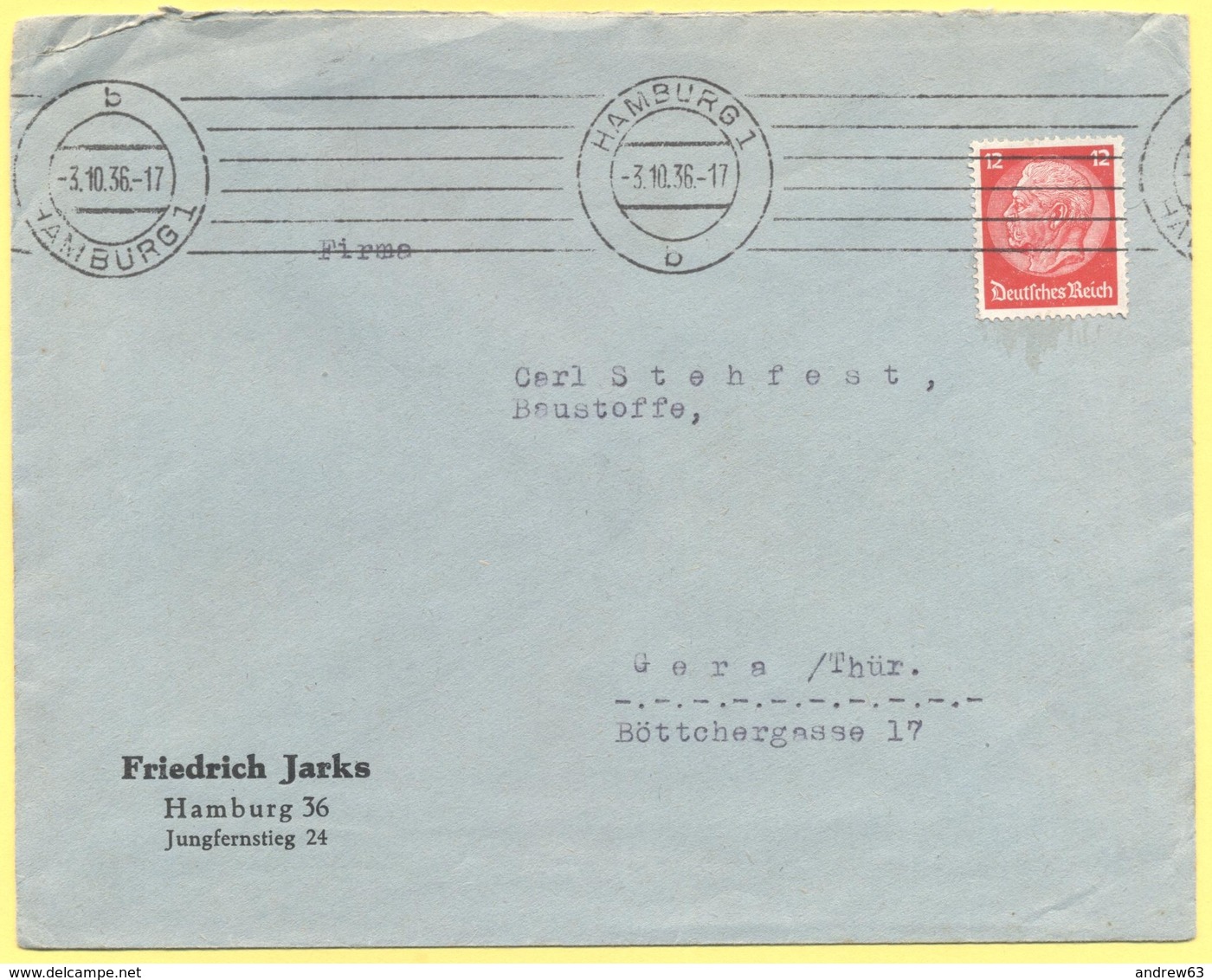 Deutsches Reich - 1936 - 12 - Friedrich Jarks - Viaggiata Da Hamburg Per Gera - Storia Postale