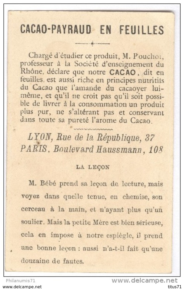 Chromo Cacao Payraud En Feuilles - La Leçon - Lyon - Très Bon état - Other & Unclassified