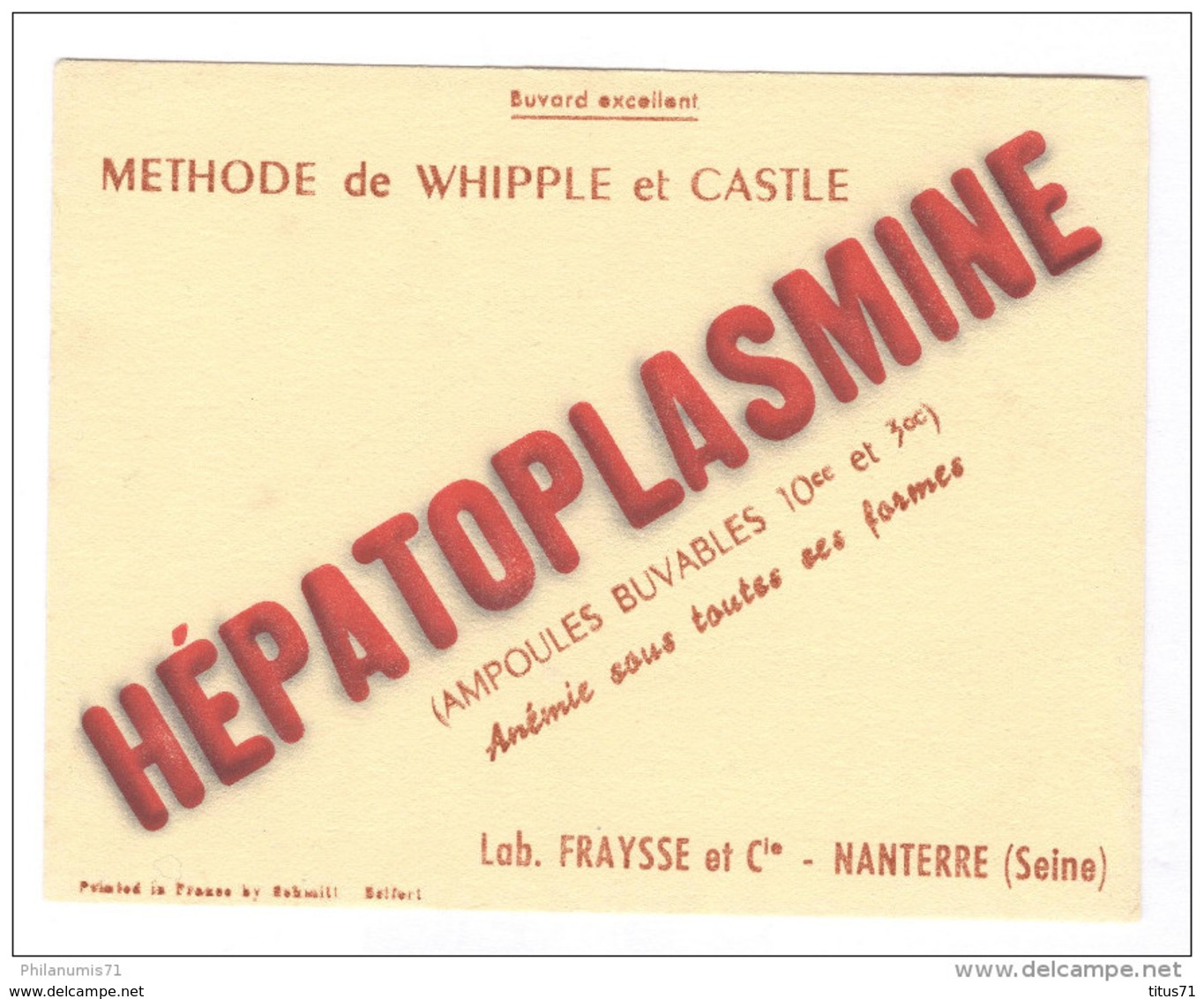 Buvard Hépatoplasmine - Laboratoire Fraysse - Nanterre - Très Bon état - Produits Pharmaceutiques