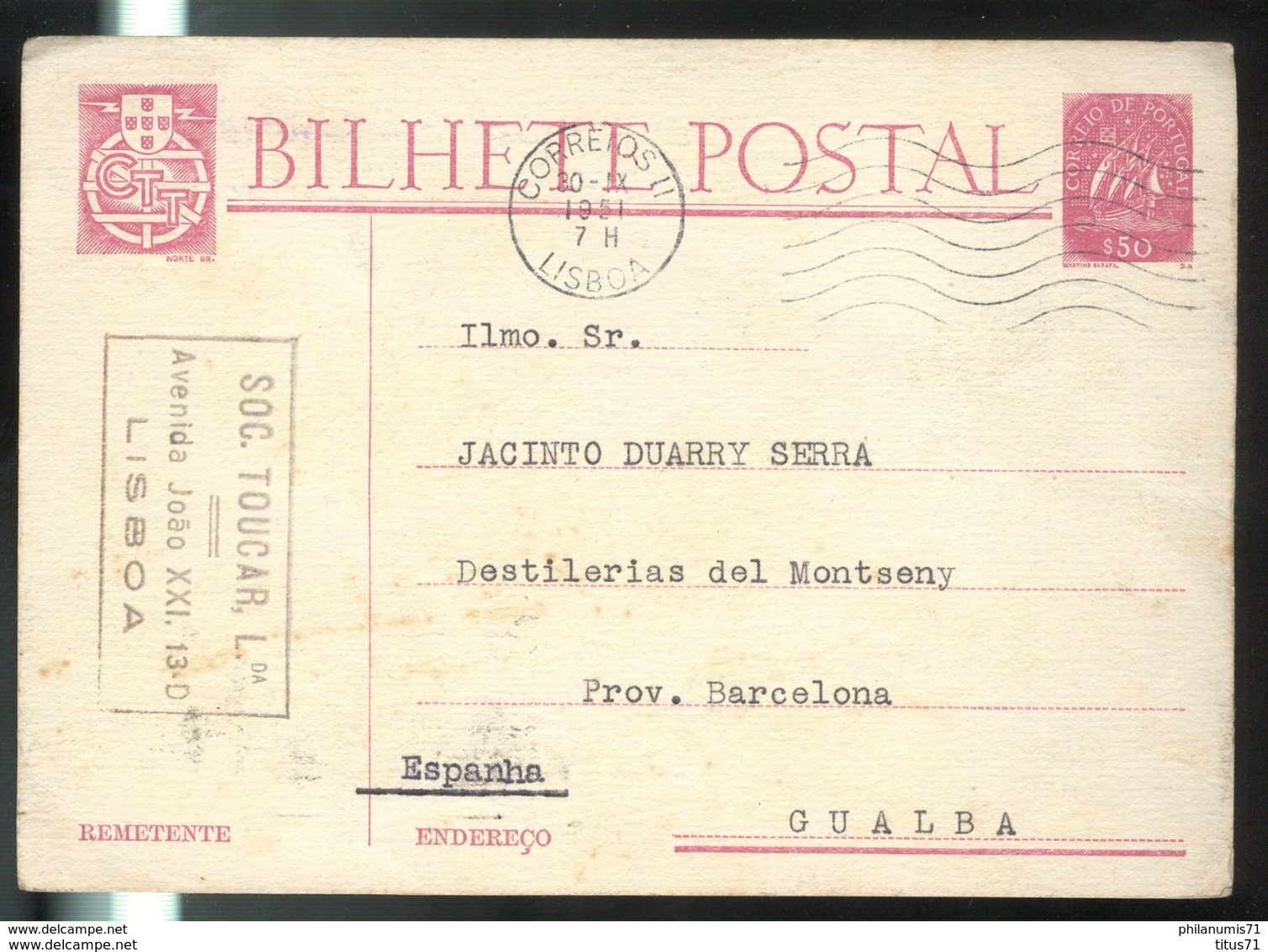 Carte Postale / Bilhete Postal - Portugal - Portugal Vers L'Espagne - Circulée 1951 - Lettres & Documents