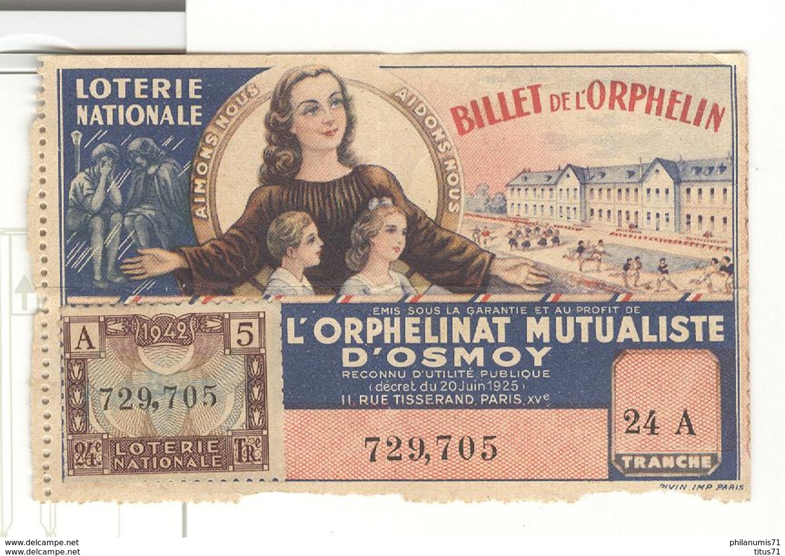 Billet Loterie Nationale - L'Orphelinat Mutualiste D'Osmoy - 1942 - Tampon Central Tabac Besançon - Billets De Loterie