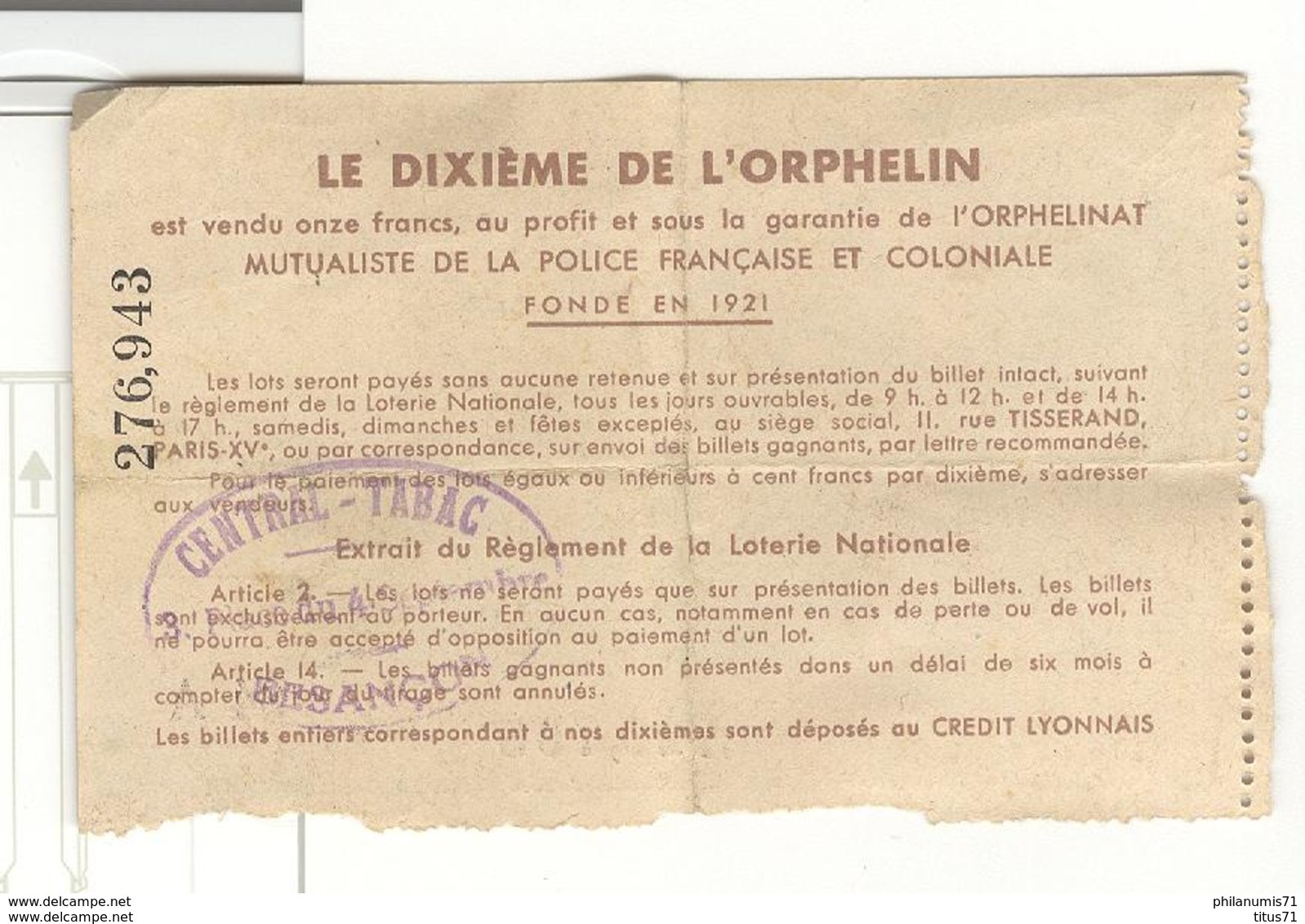 Billet Loterie Nationale - L'Orphelinat Mutualiste D'Osmoy - 1942 - Tampon Central Tabac Besançon - Billets De Loterie