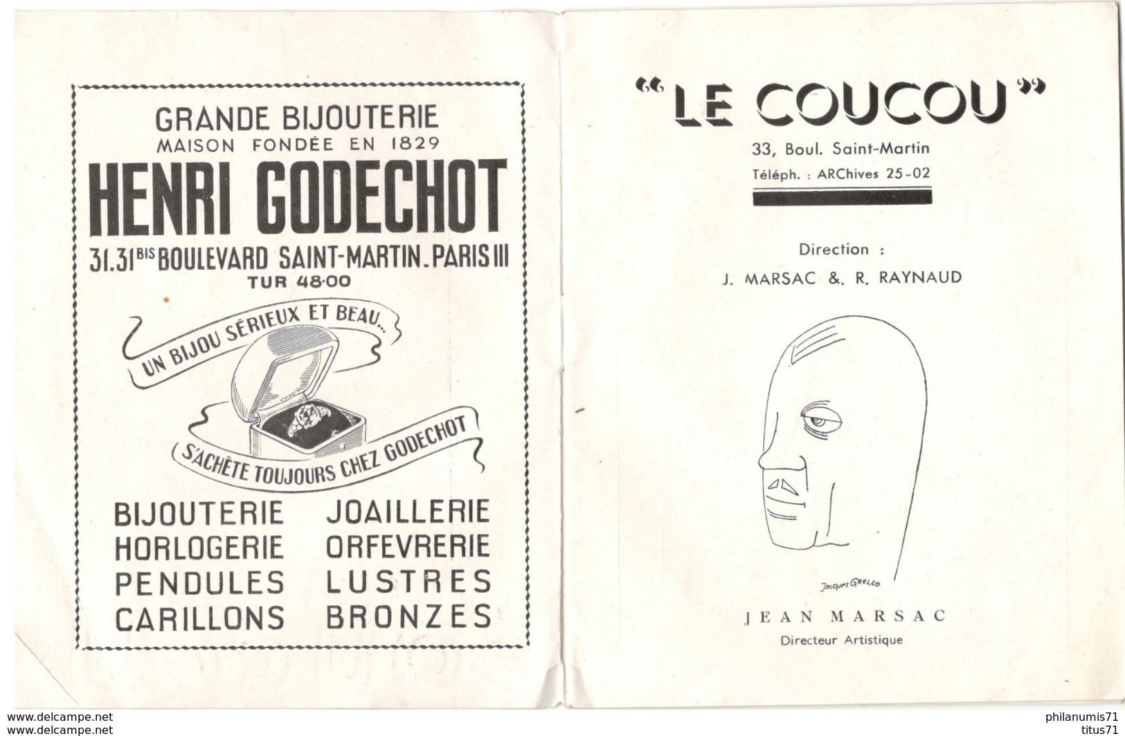 Programme Du Cabaret Le Coucou - Spectacle De Chansonniers - Circa 1950 - Programme