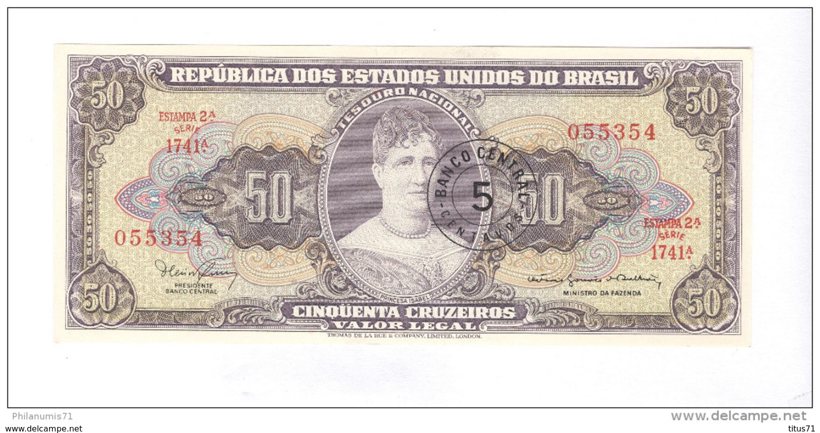 Billet 50 Cruzeiros Surmarqué 5 - Brésil / Brasil / Brazil 1954 - Etat Neuf - Brésil