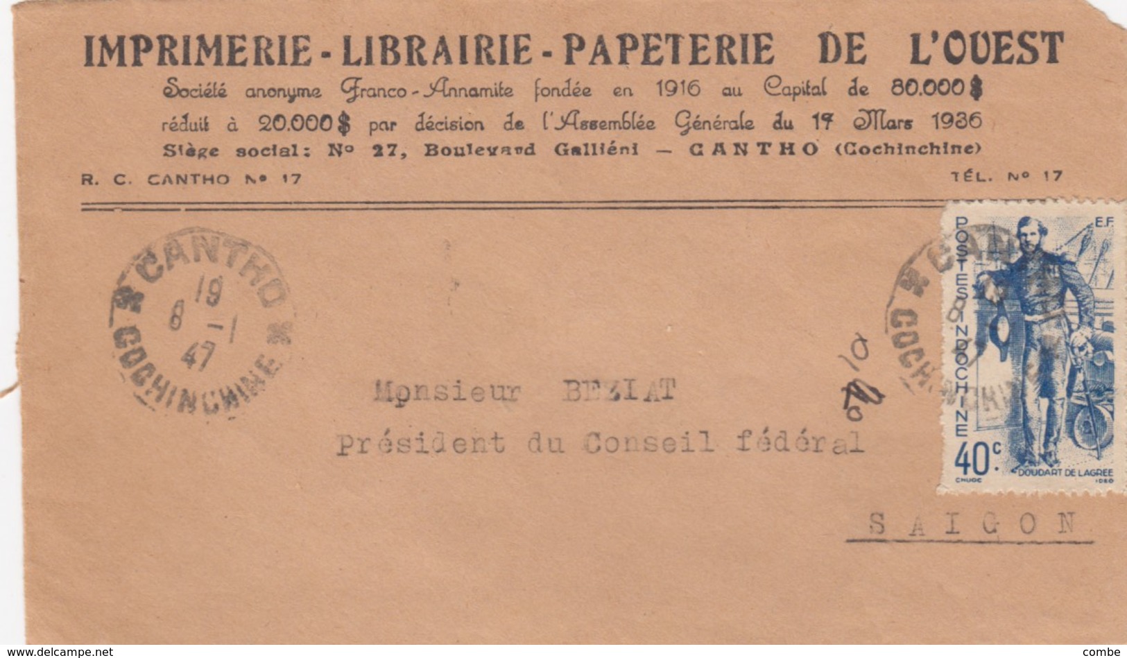 LETTRE DEVANT. INDOCHINE. 8 1 47. IMPRIMERIE-LIBRAIRIE-PAPETERIE DE L'OUEST. CANTHO POUR SAIGON.  / 4 - Lettres & Documents