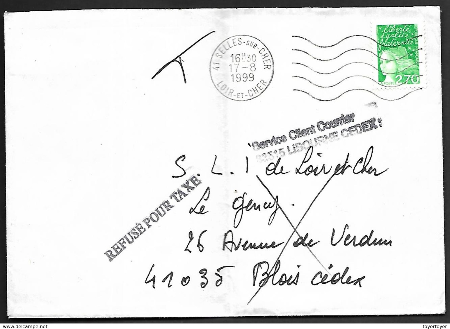 LF B87  Lettre De 1999 Refusée Pour Taxe Renvoyée Par Le Service De Libourne - 1961-....