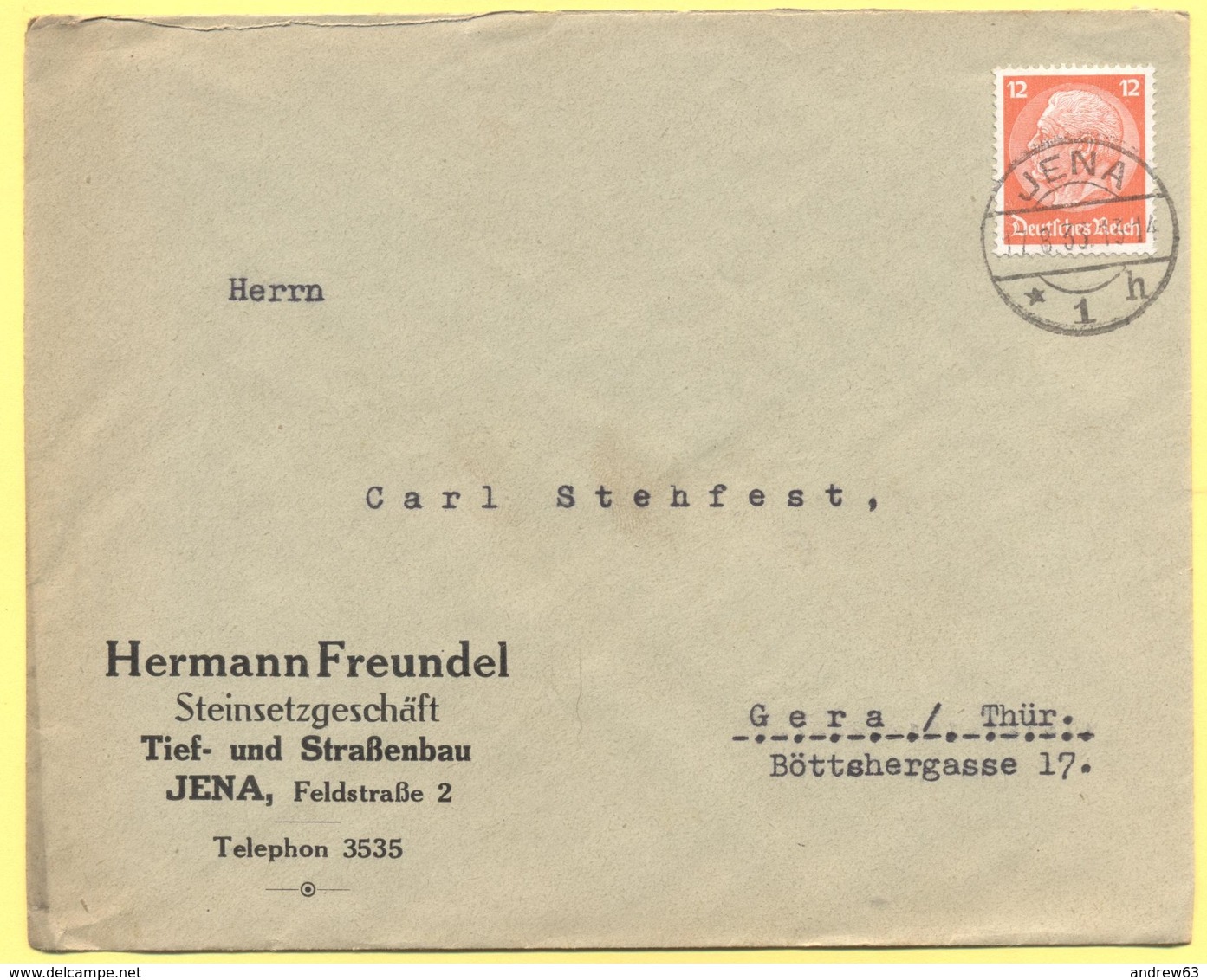 Deutsches Reich - 1933 - 12 - Hermann Freundel - Viaggiata Da Jena Per Gera - Storia Postale