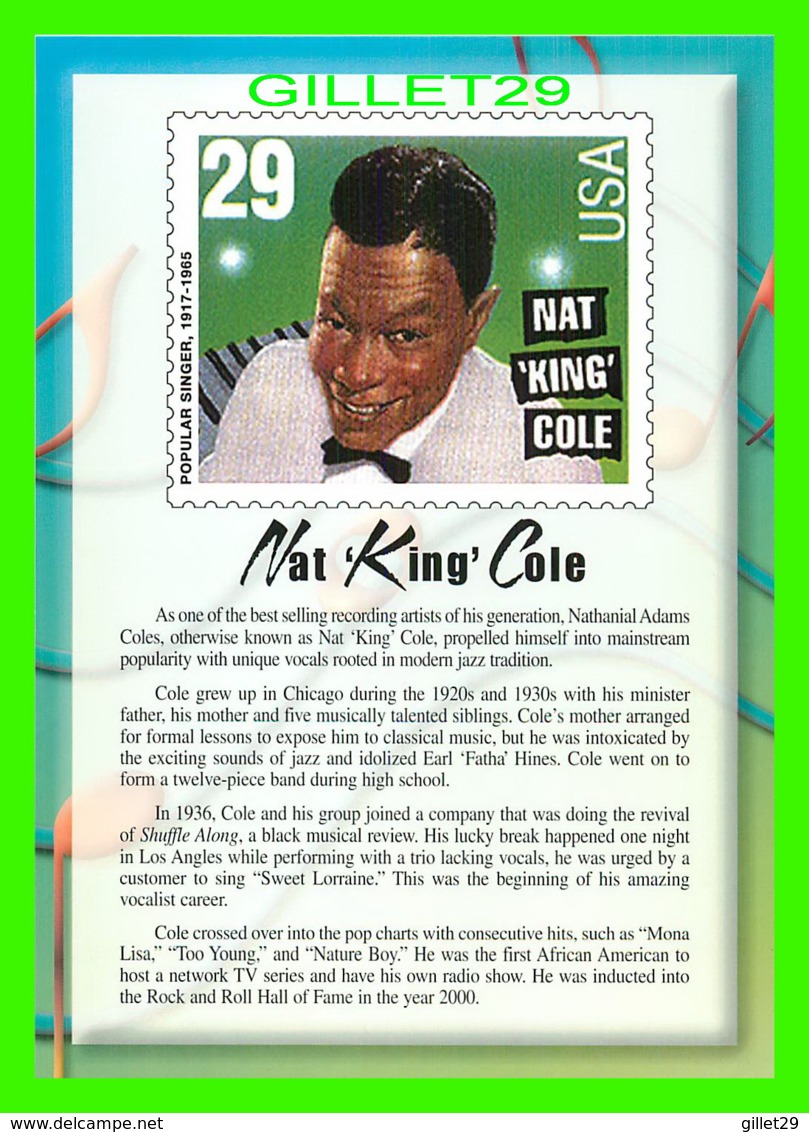 TIMBRES REPRESENTATIONS - NAT KING COLE (1919-1965) SINGER - LEGENDS OF AMERICAN MUSIC - STAMP ISSUE, 1994 - - Timbres (représentations)