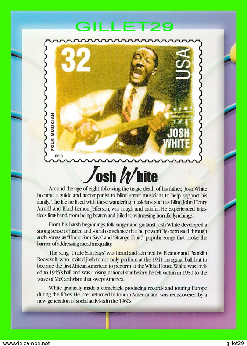 TIMBRES REPRESENTATIONS - JOSH WHITE (1914-1969) FOLK MUSICIAN - LEGENDS OF AMERICAN MUSIC - STAMP ISSUE, 1998 - - Timbres (représentations)