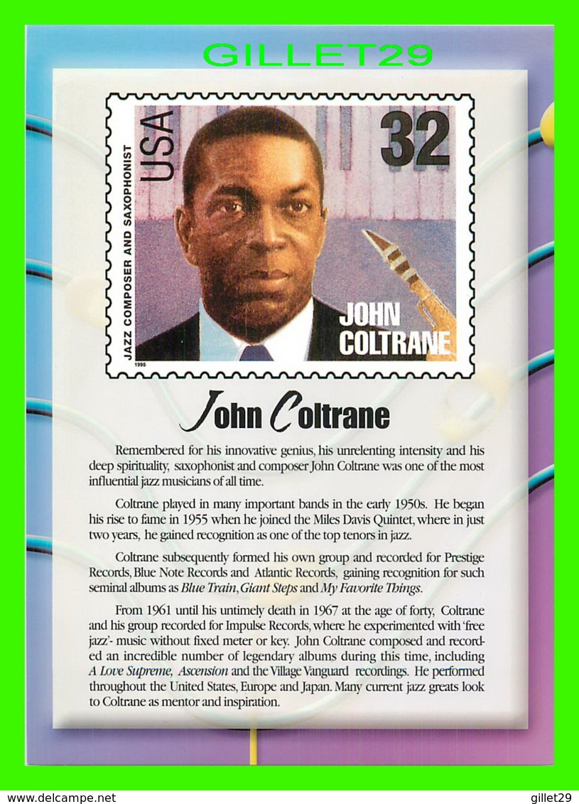 TIMBRES REPRESENTATIONS - JOHN COLTRANE (1926-1967) JAZZ SAXOPHONIST - LEGENDS OF AMERICAN MUSIC - STAMP ISSUE, 1995 - - - Timbres (représentations)