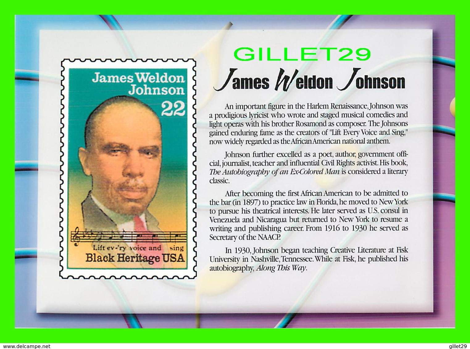 TIMBRES REPRESENTATIONS - JAMES WELDON JOHNSON (1871-1938) COMPOSER - LEGENDS OF AMERICAN MUSIC - STAMP ISSUE, 1988 - - Timbres (représentations)