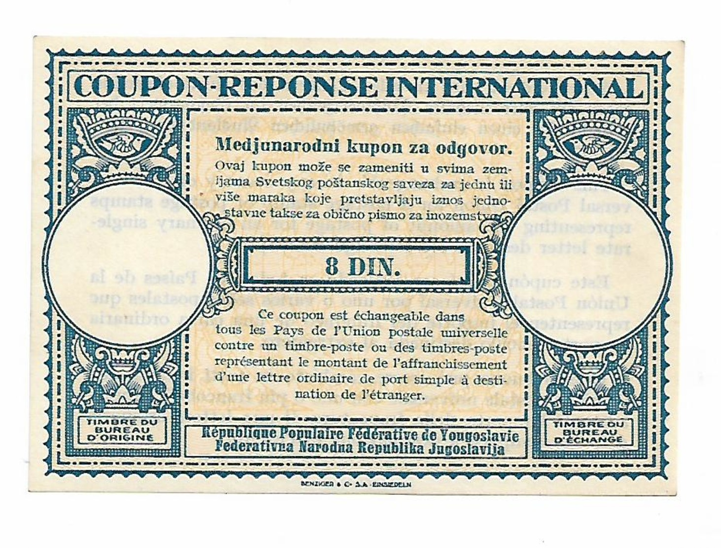 Coupon Reponse International 8 Dinari Yugoslavia - Yugoslavia