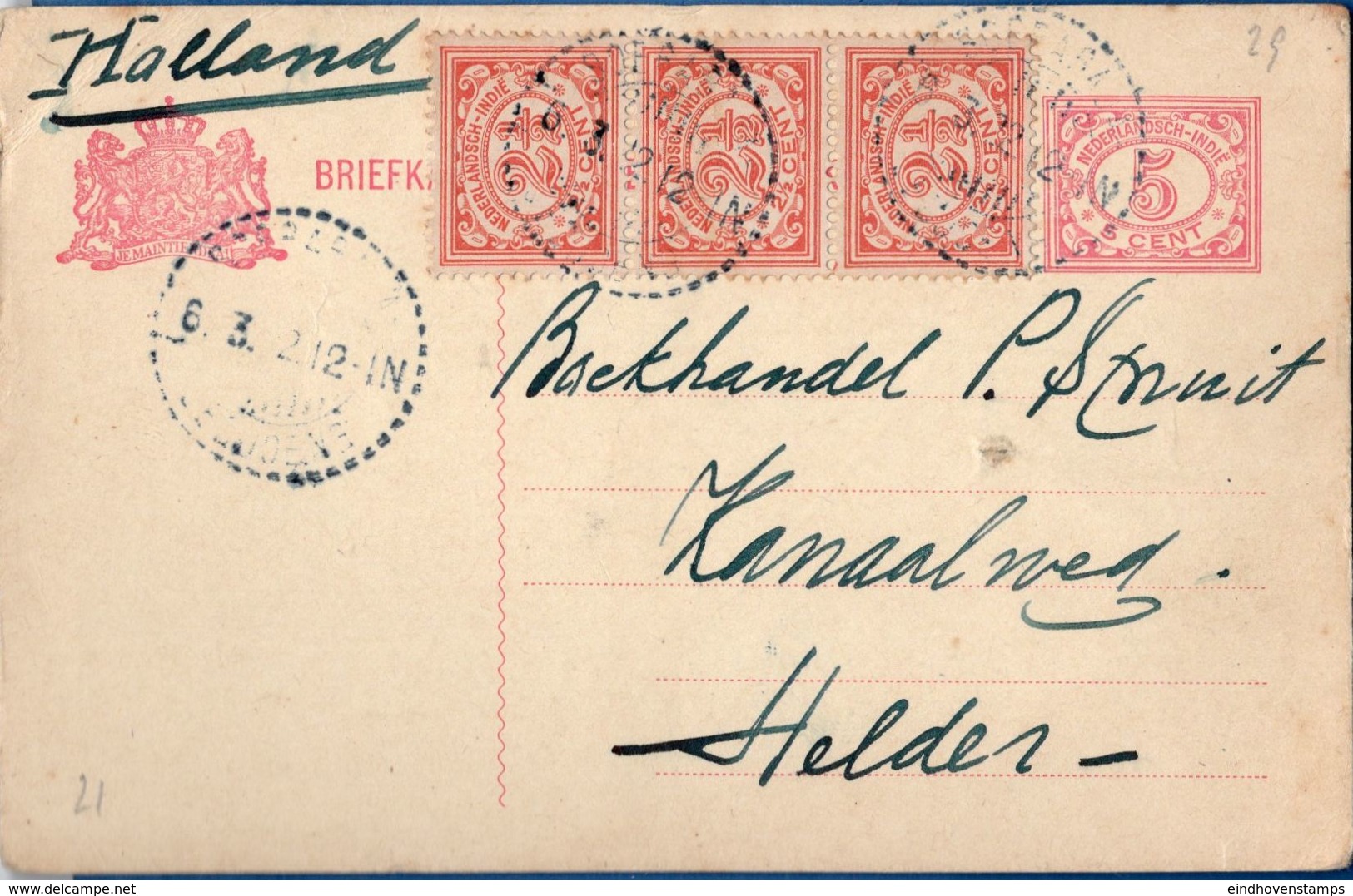 Nederlands Indie 1922 5 Ct Stationery Card With 3x 2½ Cts From Soerabaja, 6.3.22 To (Den) Helder, Netherlands - Indes Néerlandaises