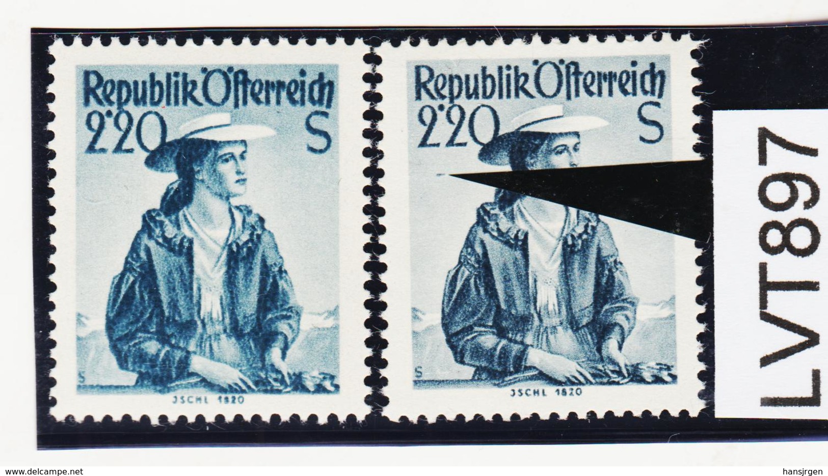 LTV897 ÖSTERREICH 1952 Michl 978 PLATTENFEHLER FARBSTRICH ** Postfrisch - Abarten & Kuriositäten