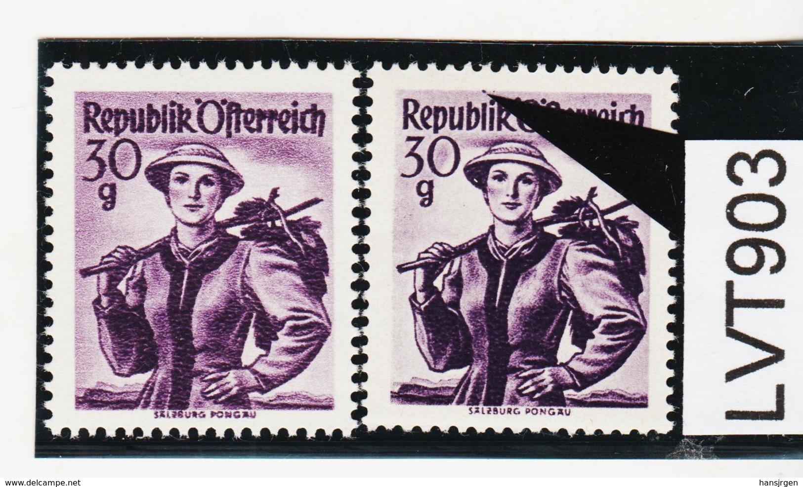 LTV903 ÖSTERREICH 1950 Michl 900 PLATTENFEHLER GINDL 21/II FARBPUNKT Ober I ** Postfrisch - Errors & Oddities