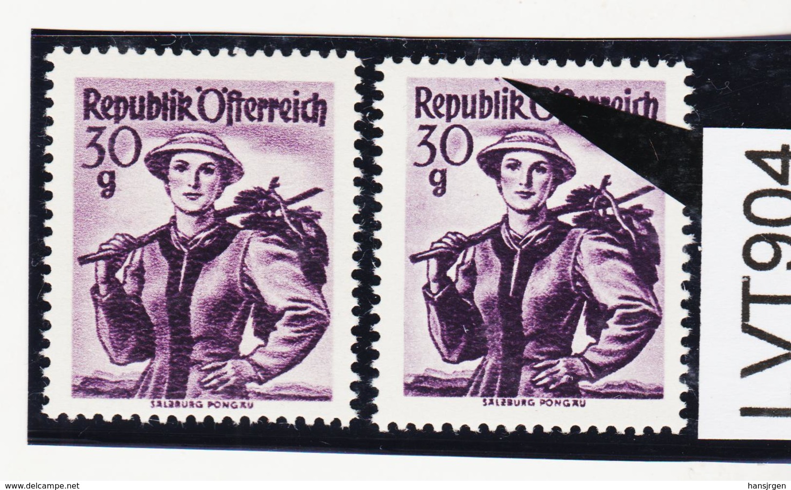 LTV904 ÖSTERREICH 1950 Michl 900 PLATTENFEHLER GINDL 21/II FARBPUNKT Ober I ** Postfrisch - Abarten & Kuriositäten