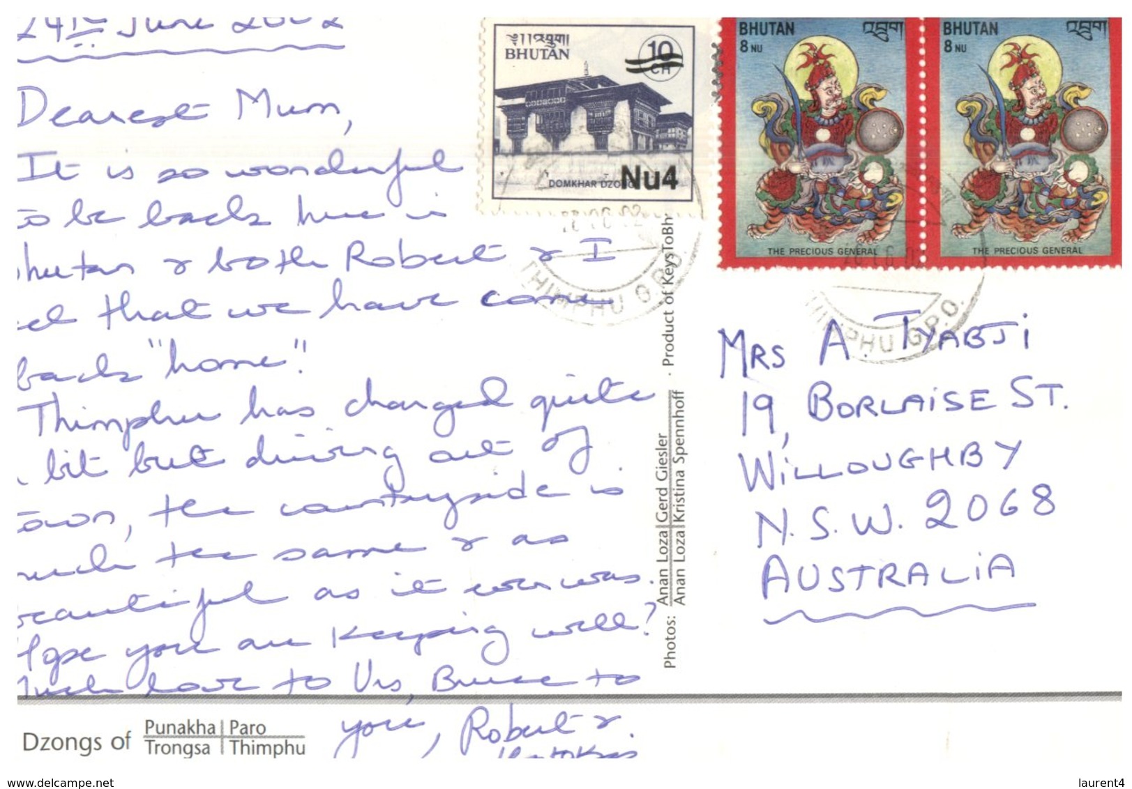 (765) Bhutan To Australia Postcard (temples) With Stamps - Bhutan