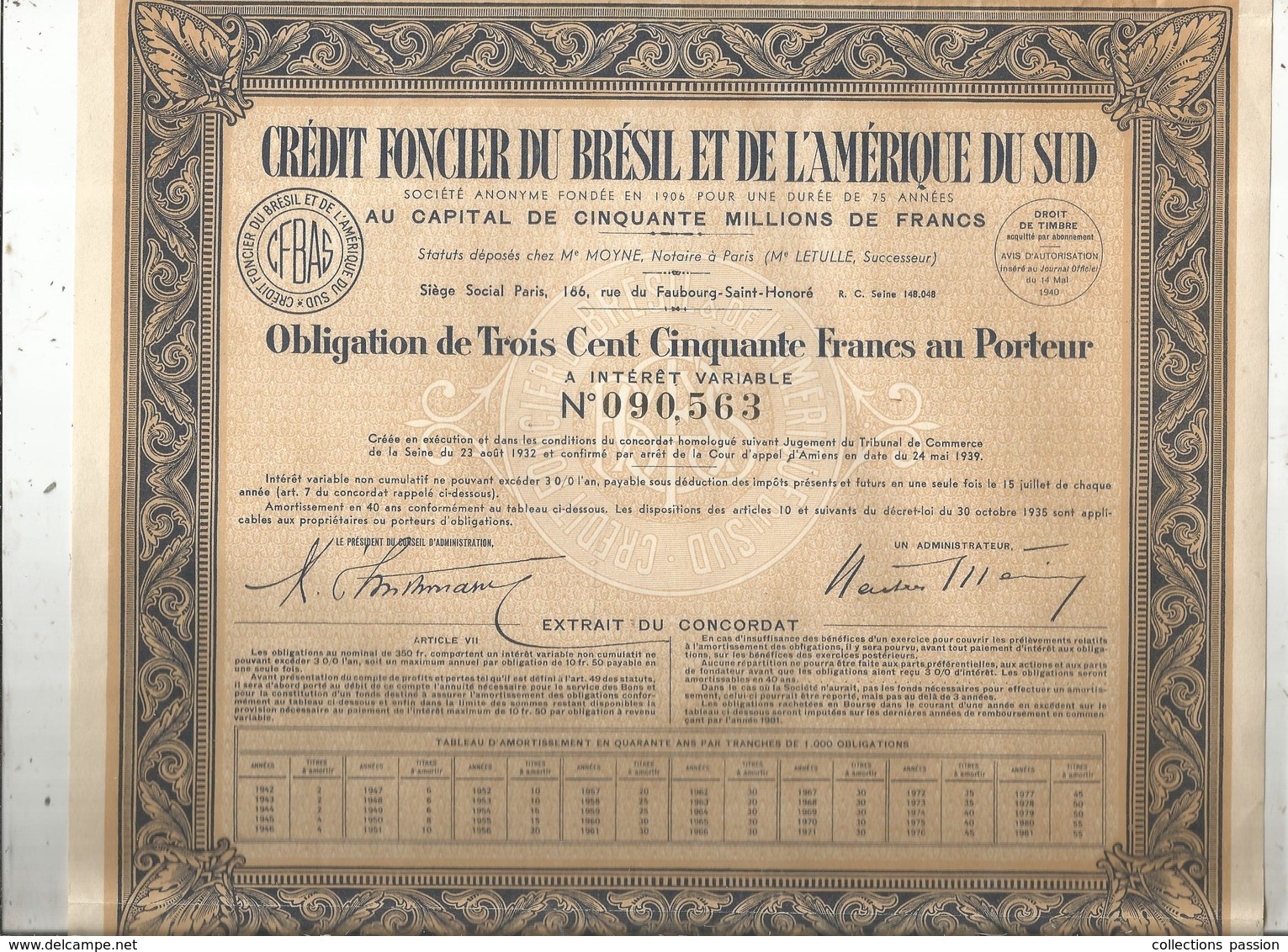 Obligation , 1940 ,CREDIT FONCIER DU BRESIL ET DE L'AMERIQUE DU SUD ,frais Fr 1.95 E - Other & Unclassified