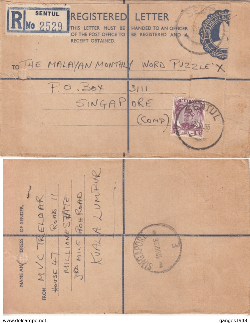 Malaya  1956  Registered Postal Stationary Envelope Sentul To Singapore  #  15638  D - Kedah