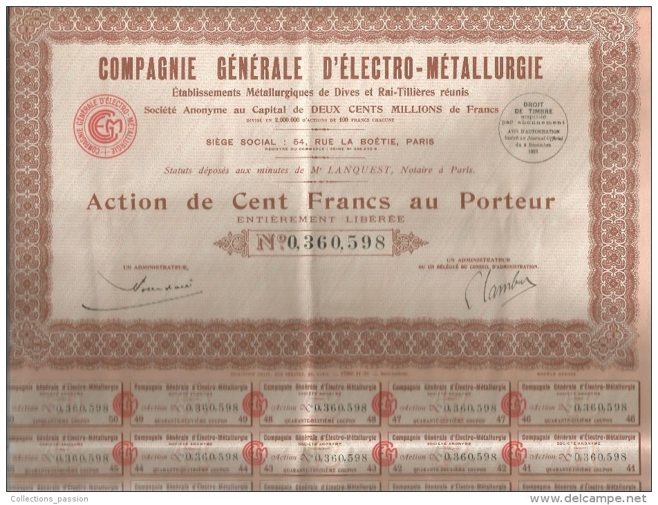 Action De 100 Francs , Compagnie Générale D' ELECTRO-METALLURGIE , 1933  , Frais Fr : 1.95€ - Autres & Non Classés