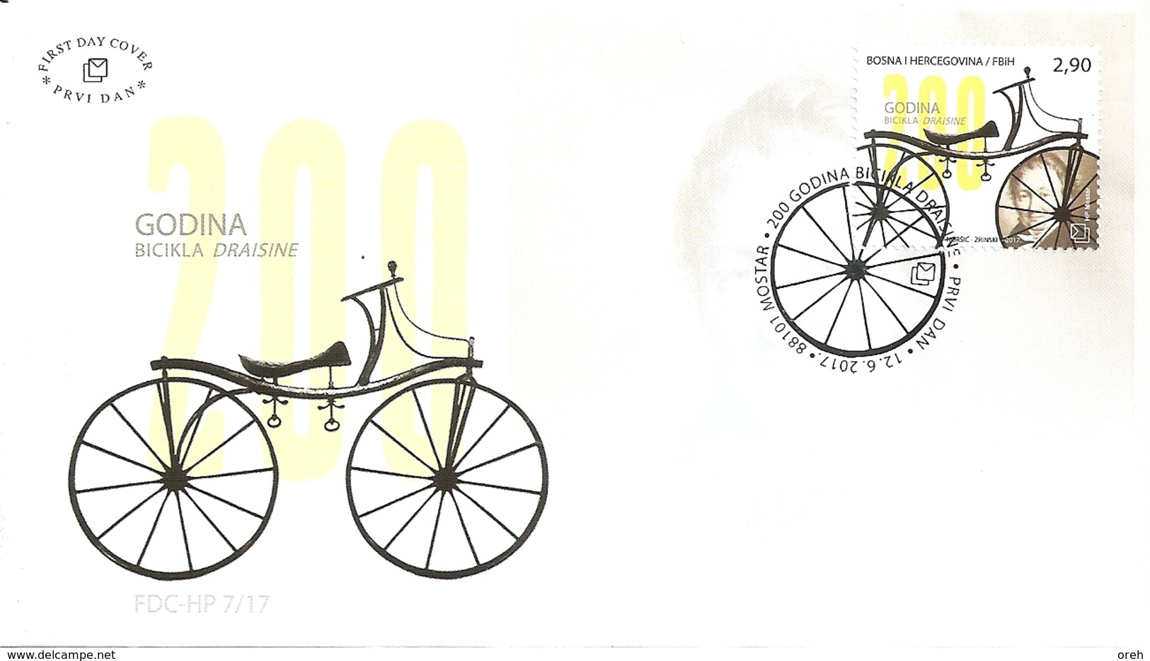 BOSNIA AND HERZEGOVINA  2017,POST MOSTAR,transport,,OLD ,DRAISINE BICYCLE,,,FDC - Sonstige (Land)