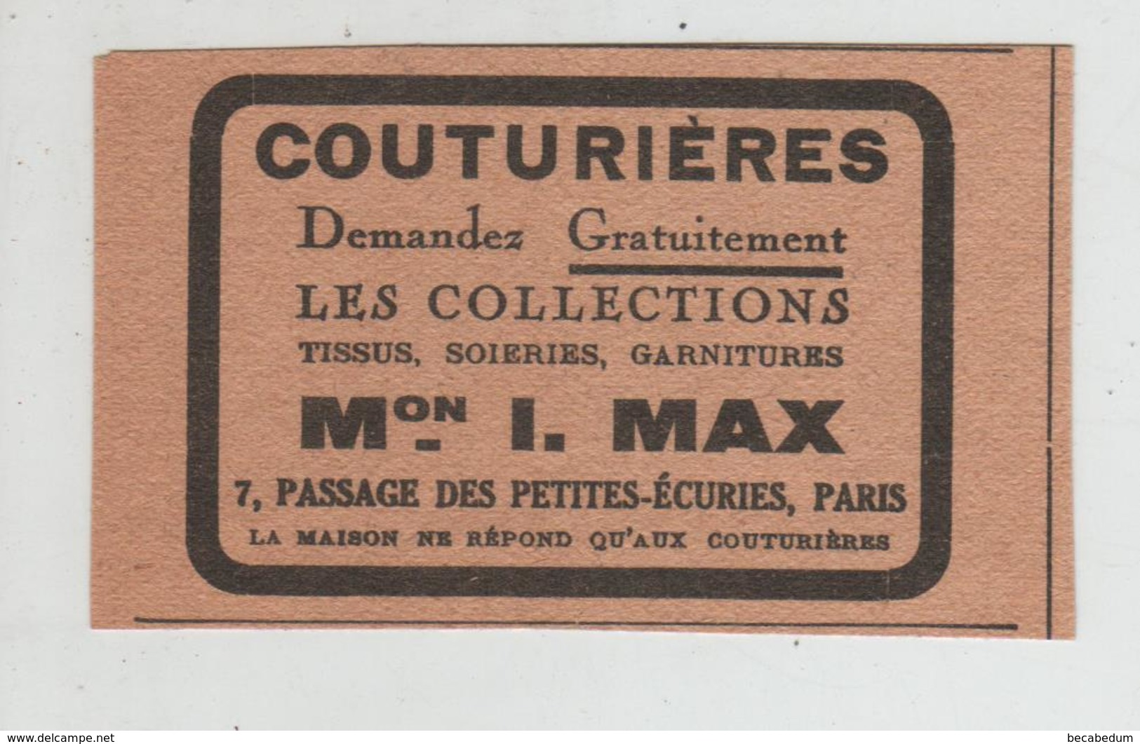 Couturières Maison Max Passage Des Petites Ecuries Paris 1940 - Pubblicitari