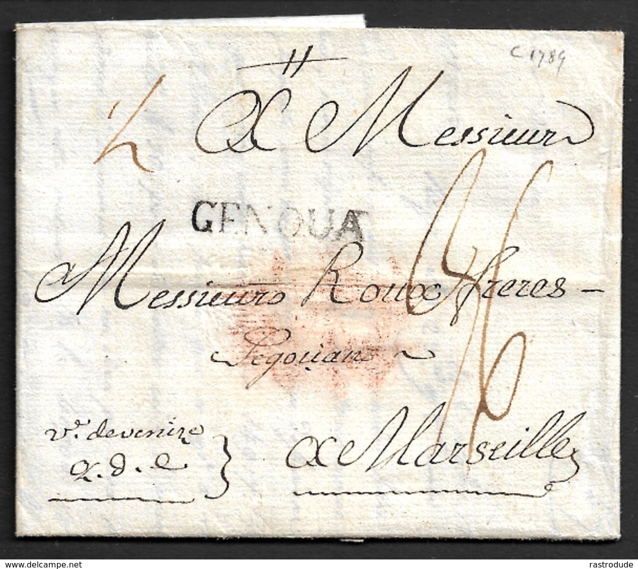 1789 - LAC LEVANTE - CONSTANTINOPLE Vers MARSEILLE Par GENOVA - LETTRE MARITIME - Poste Maritime