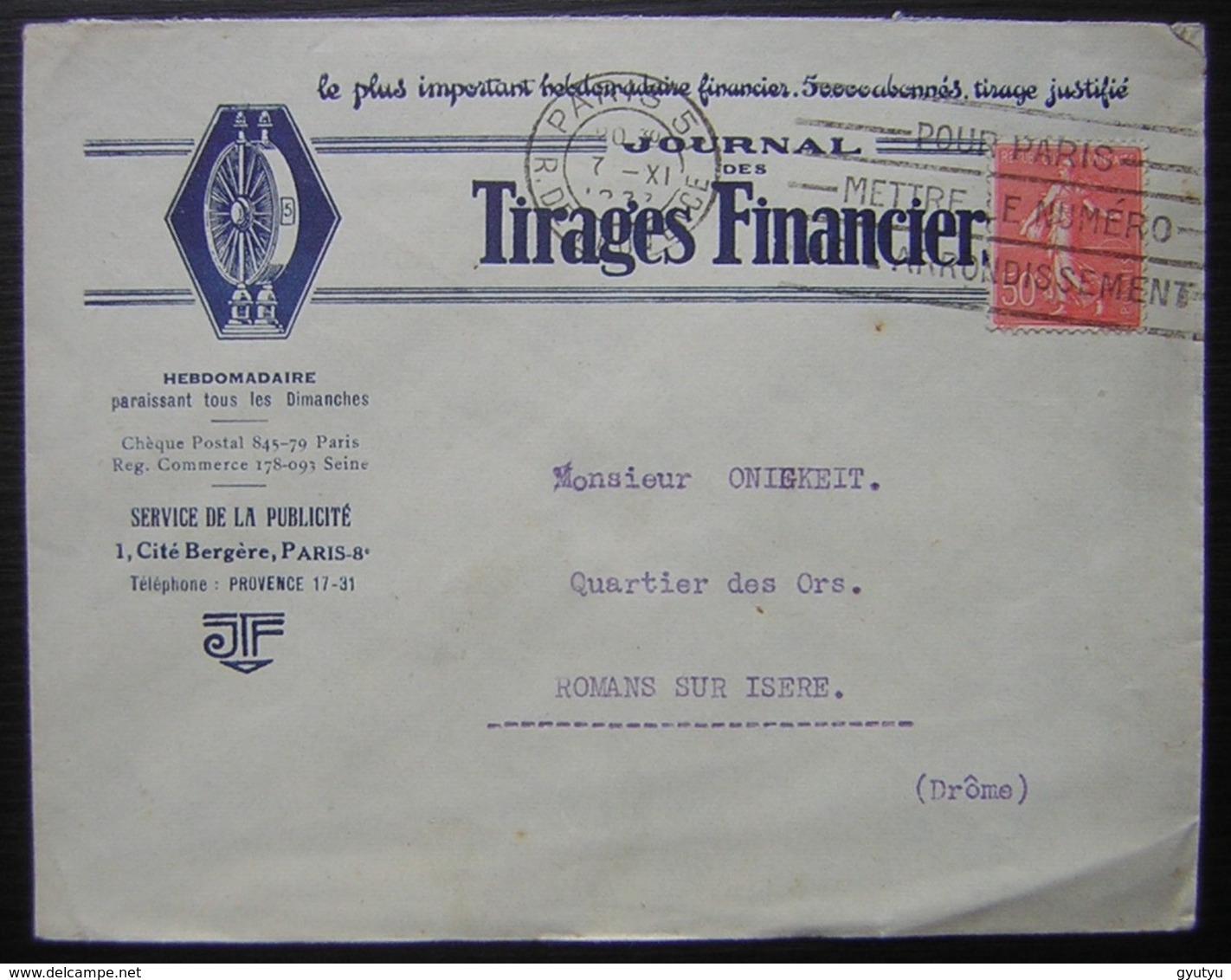 Journal Des Tirages Financiers, Belle Enveloppe De Paris Pour Romans Sur Isère - 1921-1960: Période Moderne