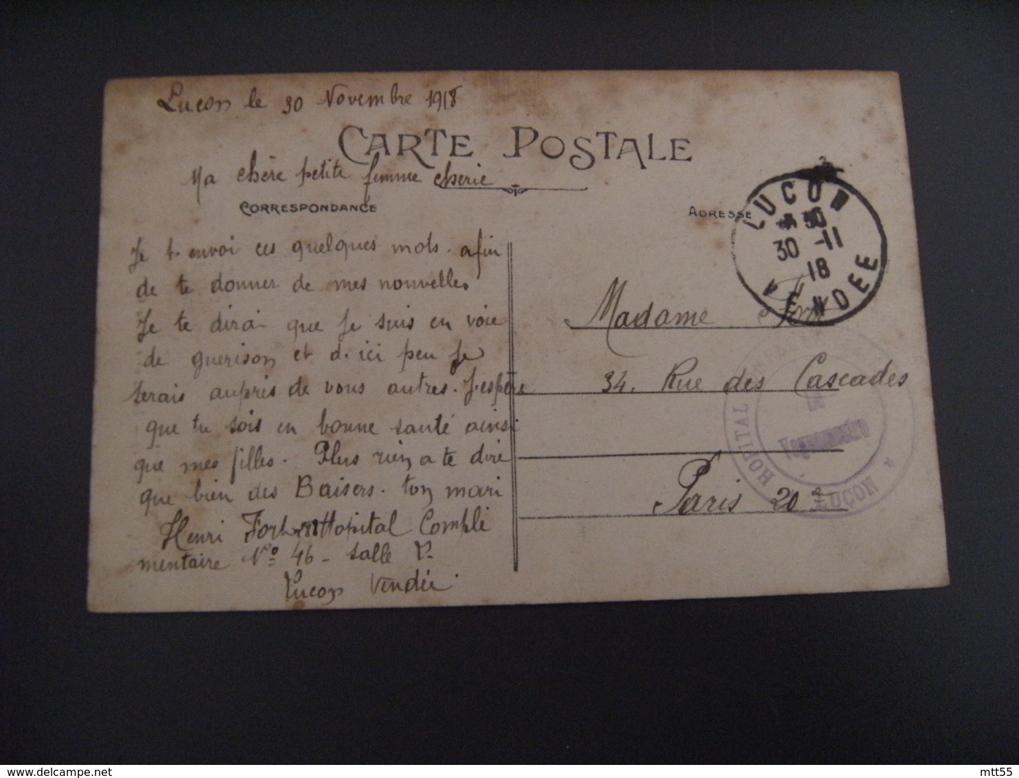 Lucon Hopital Temporaire   Cachet Franchise Postale Guerre 14.18 - Guerre De 1914-18