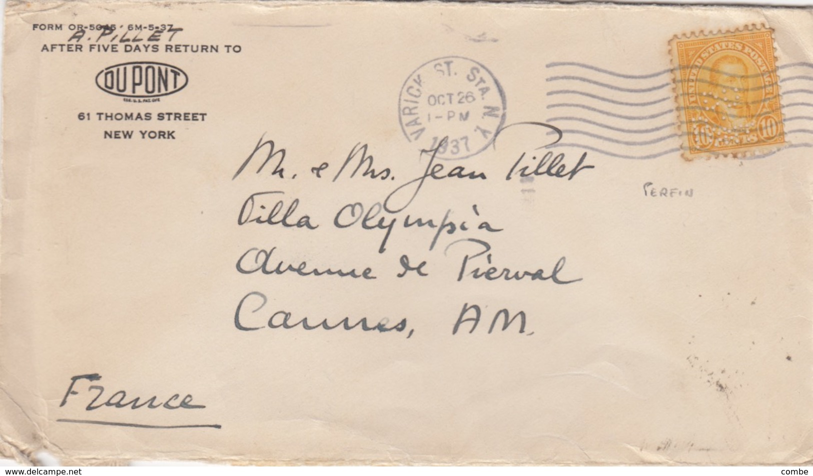 COVER USA. 26 OCT 1937. PAR AVION. DUPONT NEW-YORK TO CANNES FRANCE. STAMP 10c PERFIN - Brieven En Documenten