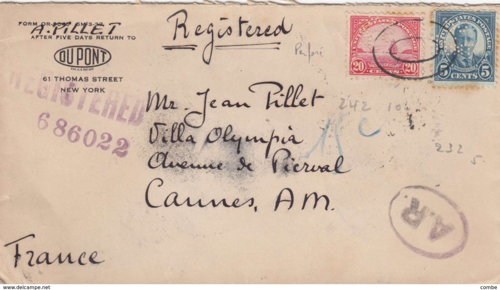 COVER USA. 1937.  DUPONT NEW-YORK REGISTERED TO CANNES FRANCE. STAMPS 20c + 5c PERFIN - Lettres & Documents