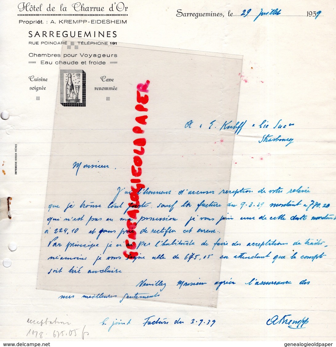57 - SARREGUEMINES -RARE LETTRE MANUSCRITE SIGNEE HOTEL DE LA CHARRUE D'OR - A. KREMPP-EIDESHEIM- 21 RUE POINCARE - 1939 - 1900 – 1949