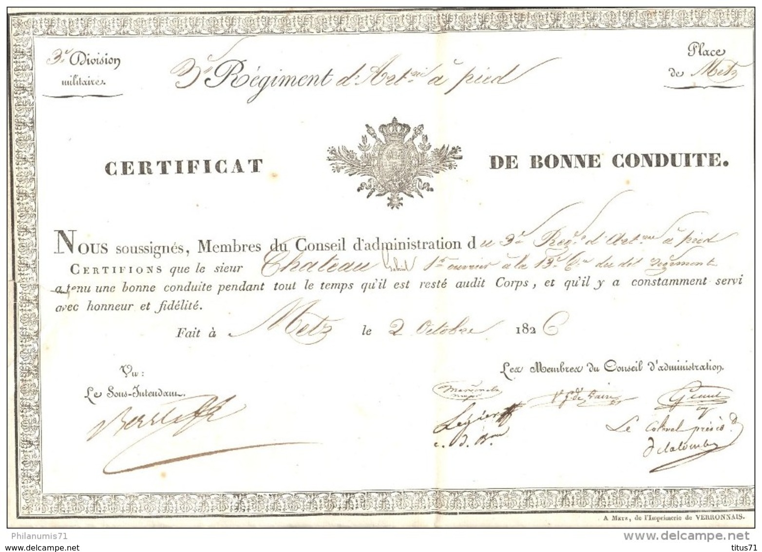 Certificat De Bonne Conduite - 3ème Régiment D'Artillerie à Pied - Metz Le 2 Octobre 1826 - Documents