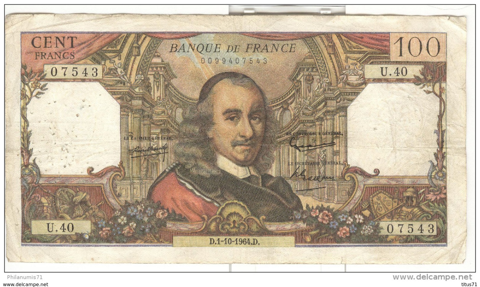 Billet 100 Francs France Corneille 1964 - Bon état - Nombreux Trous D'épingle - 100 F 1964-1979 ''Corneille''