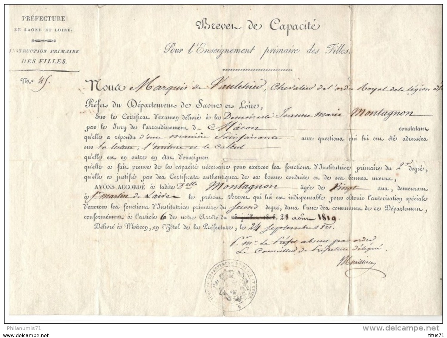 Brevet De Capacité Pour L'enseignement Primaire Des Filles - 24 Septembre 1821 - Diplômes & Bulletins Scolaires