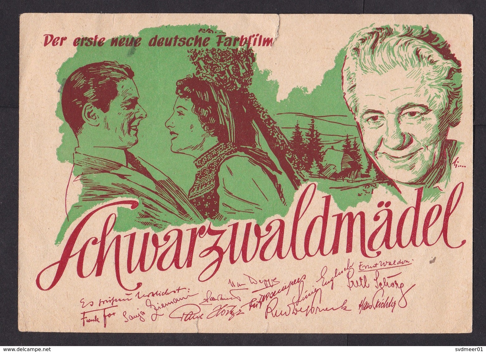Germany: Postcard, 1950, 1 Stamp, Tax Steuermarke, Cancel & Card: First Colour Movie, Schwarzwaldmadel, Cinema (damaged) - Brieven En Documenten