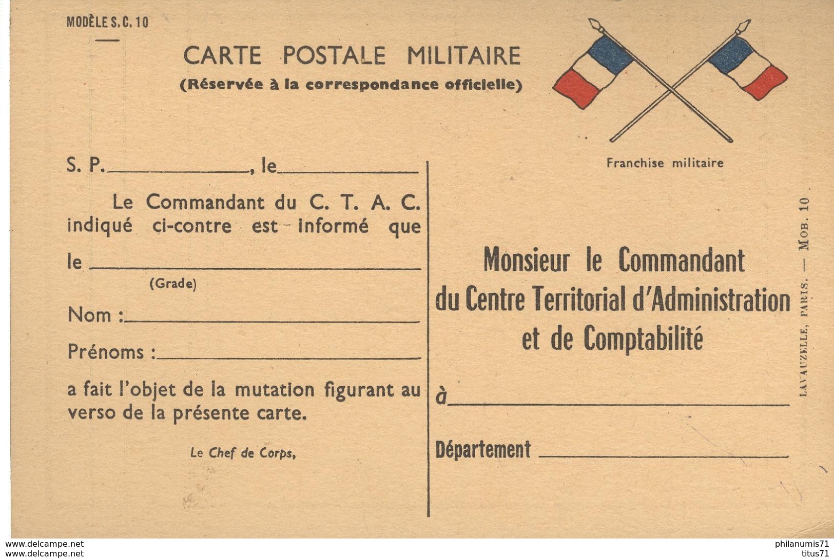 Carte Postale Militaire Réservée à La Correspondance Officielle - Modèle S.C. 10 - Non Circulée - Timbres De Franchise Militaire