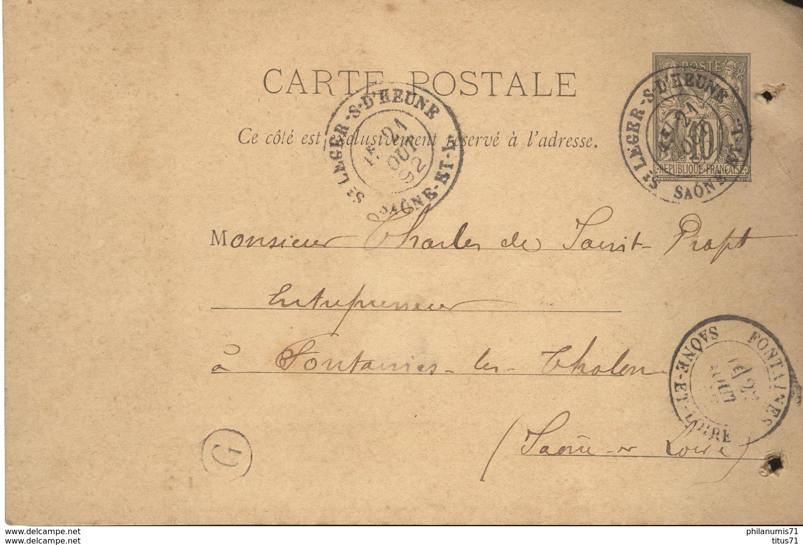 Entier Postal Pré-imprimé  10 Centimes Sage - De Saint Léger à Fontaine - Circulé 1892 - Cartes Postales Types Et TSC (avant 1995)
