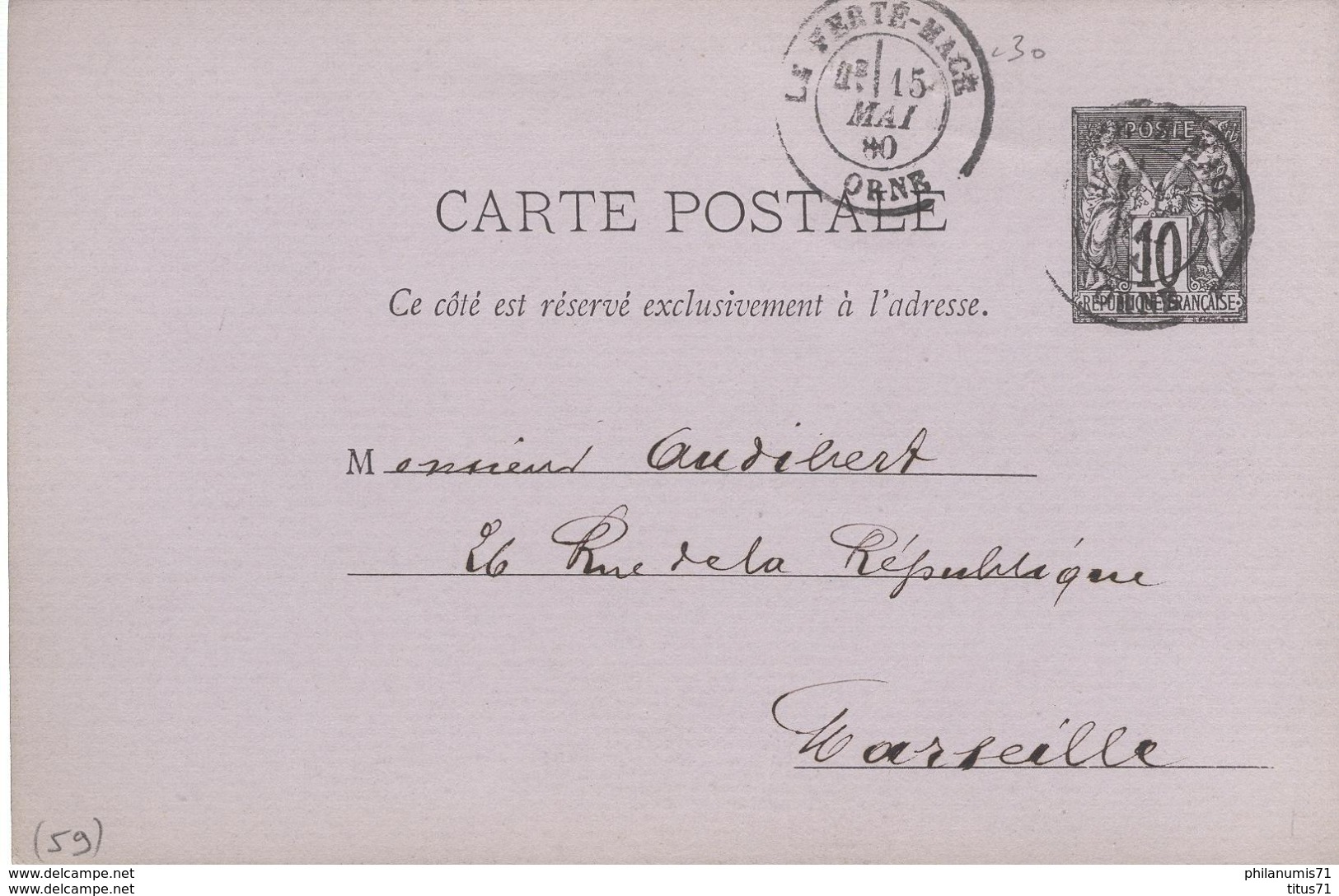 Entier Postal Pré-imprimé  10 Centimes Sage - Tissage Mécanique - De La Ferté Macé à Marseille - Circulé 1880 - Cartes Postales Types Et TSC (avant 1995)