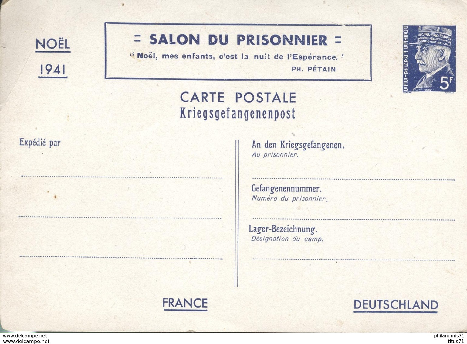 Entier Postal 5 Francs Pétain - Salon Du Prisonnier - Noël 1941 - Non Circulé - Cartes Postales Types Et TSC (avant 1995)