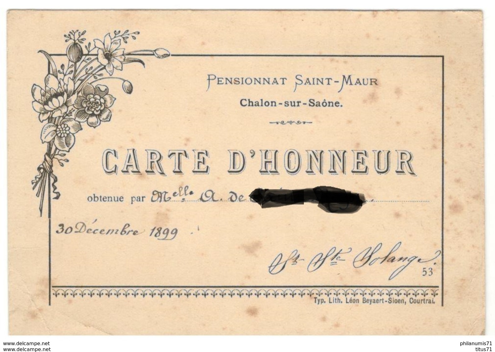 Carte D'Honneur - Pensionnat Des Dames De Saint-Maur à Chalon Sur Saône - 30 Décembre 1899 - Diplômes & Bulletins Scolaires