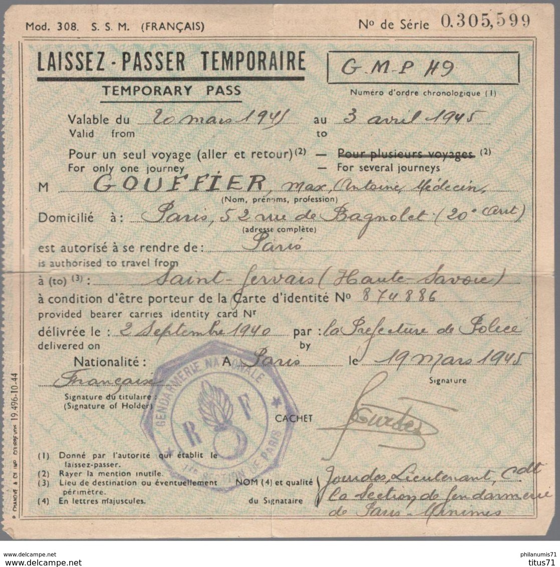 Laisser Passer Temporaire En Français Et Anglais - Trajet Entre Paris Et Saint Gervais - 20/03 Au 03/04 1945 - Documents