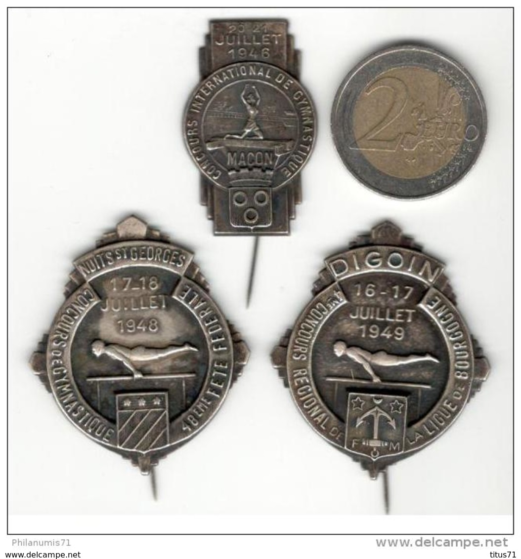 Lot De 3 Badges - Concours De Gymnastique Bourgogne 1946 à 1949 - Voir Description - Autres & Non Classés