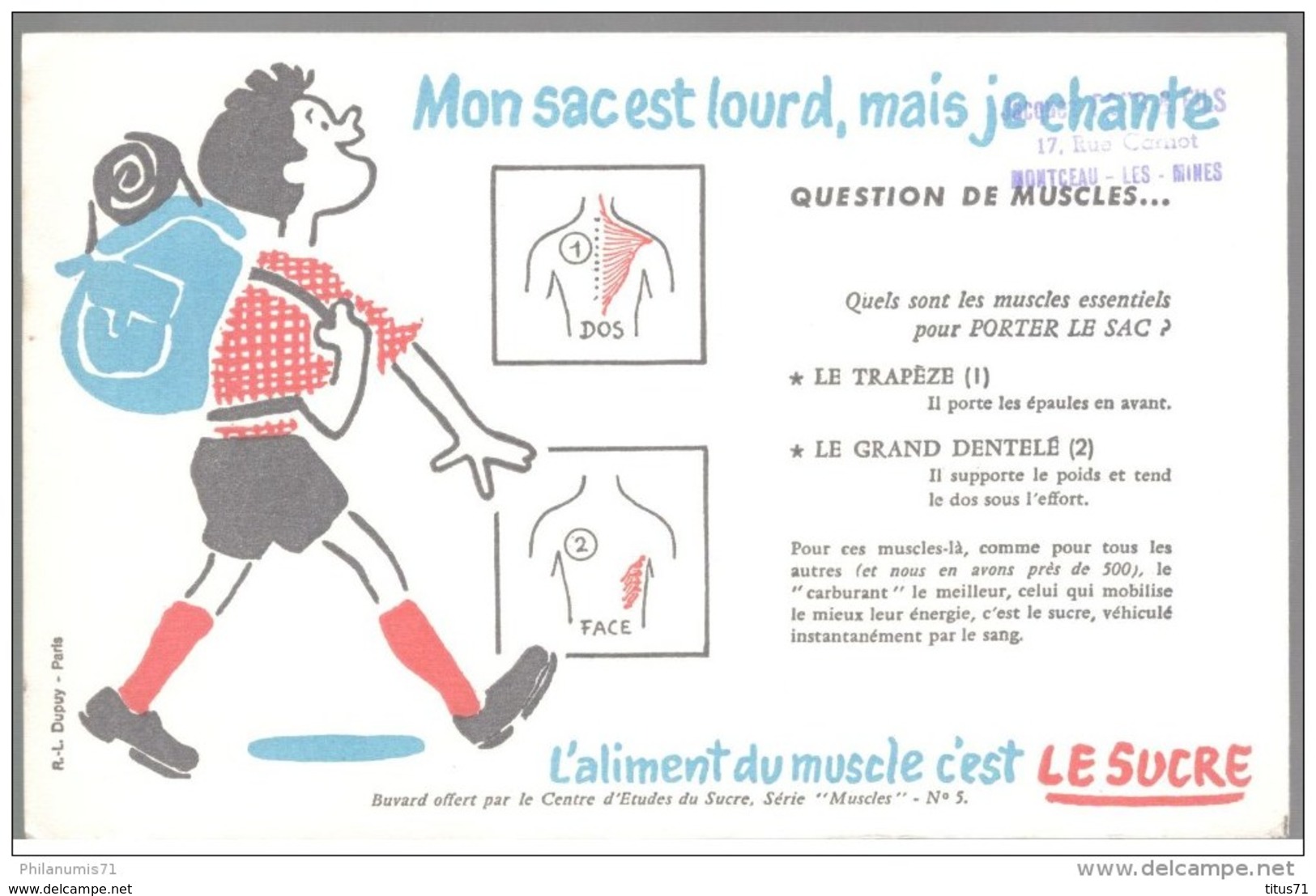 Buvard Le Sucre Aliment Du Muscle - Mon Sac Est Lourd Mais Je Chante - Tampon Pons à Montceau - Bon état - Sucreries & Gâteaux