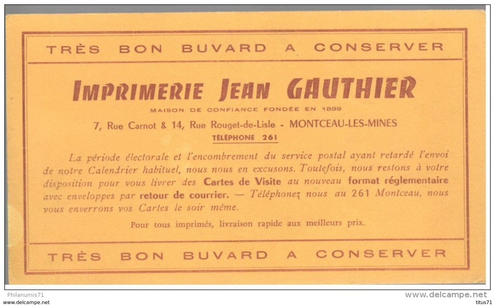 Buvard Imprimerie Gauthier - Montceau Les Mines - Bon état - G