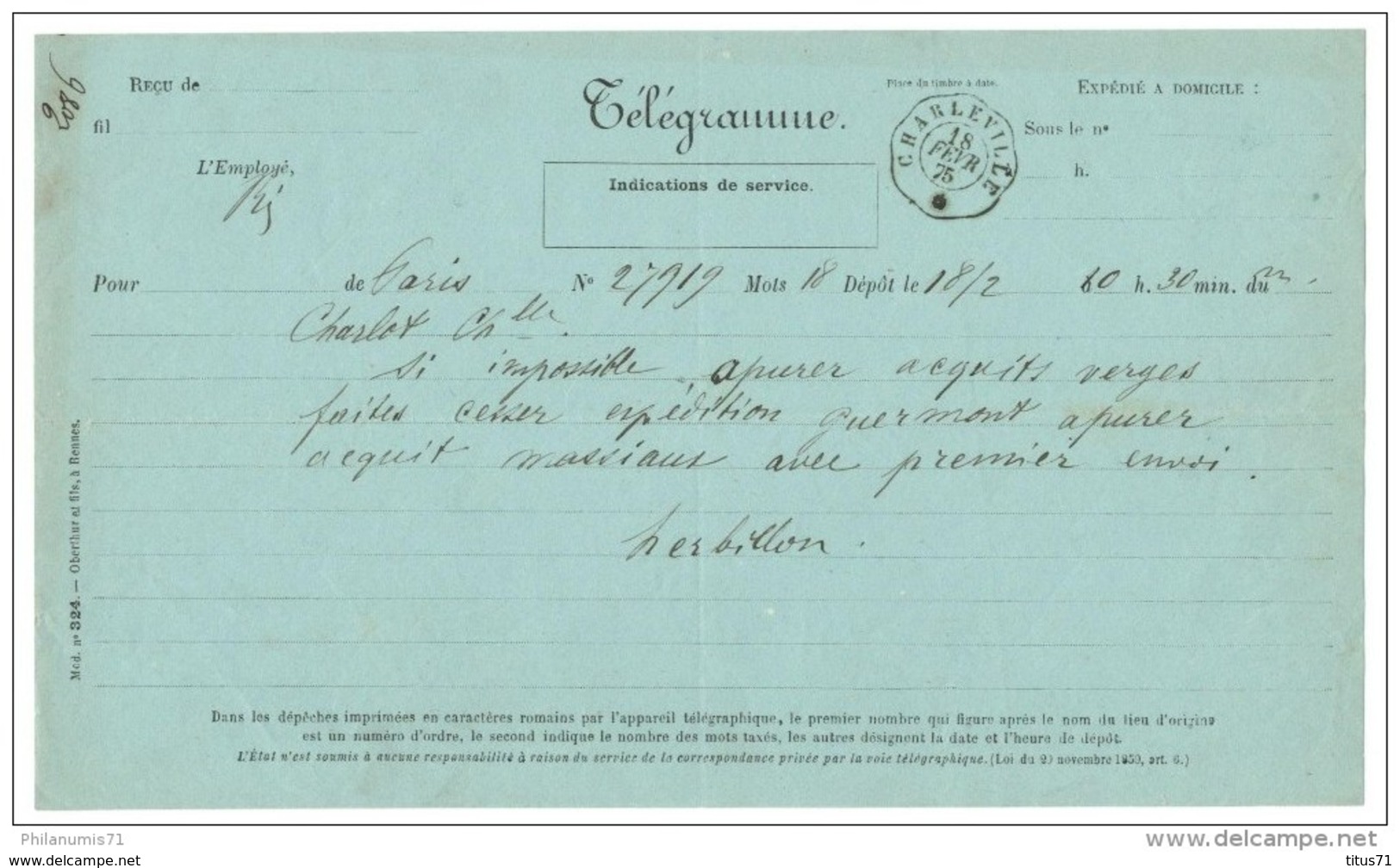 Marcophilie - Télégramme De Paris à Charleville 1875 - Formulaire N° 324 - Télégraphes Et Téléphones