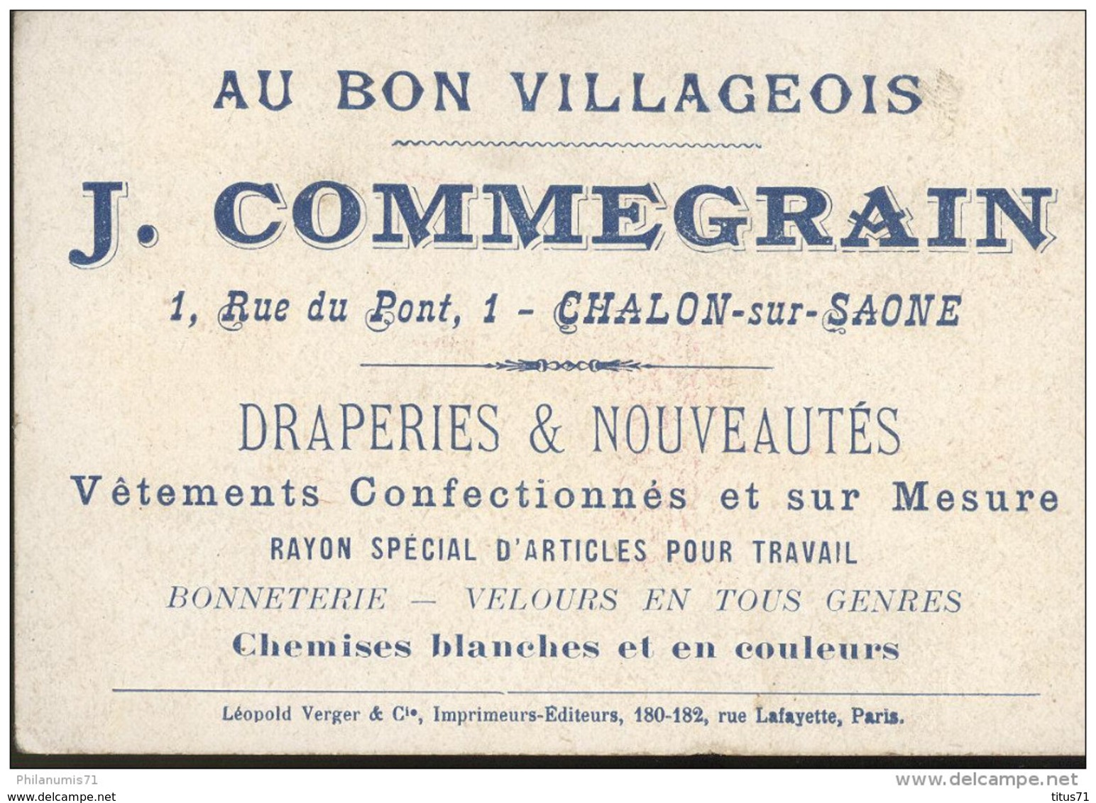 Chromo Au Bon Villageois - J. Commegrain - 1 Rue Du Pont Chalon Sur Saône - Tyrolien - Autres & Non Classés