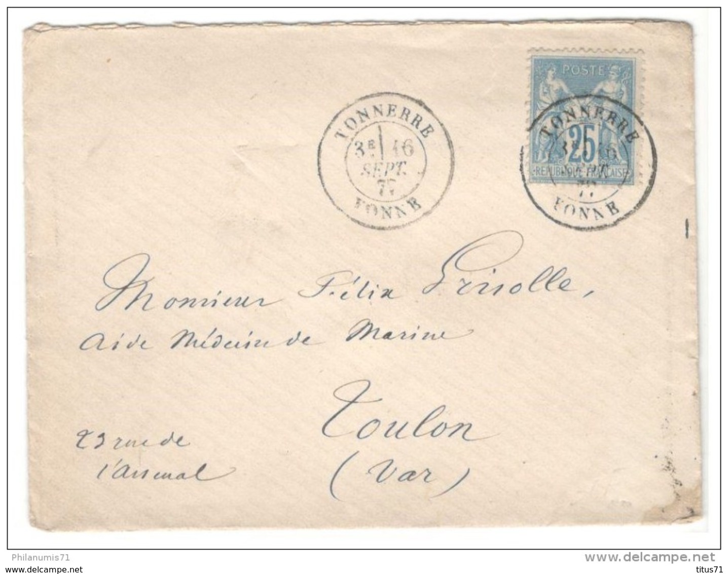 Marcophilie - Enveloppe De Tonnerre Pour Toulon 1877 - Type Sage 25 C - Lettre Cachettée - Autres & Non Classés